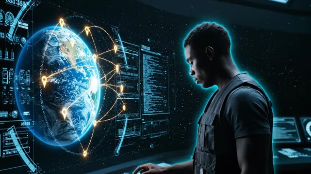 Man studies hologram earth globe. Digital network floats nearby. Data interface responds to gesture. Futuristic technology workspace with professional. Globe connection concept and global planning.