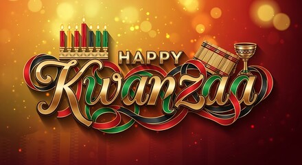 The greeting "Happy Kwanzaa" is prominently featured alongside traditional Kwanzaa ornaments and symbolic decorative elements of the African-American holiday