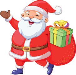 Cheerful Santa Claus Character Waving and Holding a Large Gift Sack
