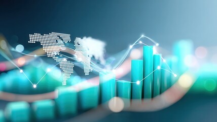 Global business data analytics showing financial market growth with illuminating a lines world background map