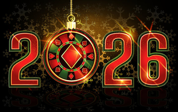 Christmas casino greeting card, New 2026 year. poker chip, vector illustration