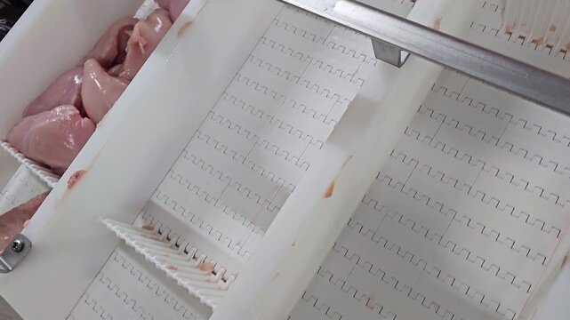 Industrial processing of fresh chicken fillet. Conveyor belts carrying poultry meat in a poultry slaughterhouse.