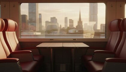 Luxury business class train window with elegant red leather seats, scenic city landscape outside, calm atmosphere, soft natural light, cinematic travel mood