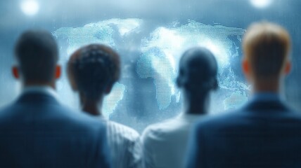 Business team looking at digital world map, illustrating global network, international data and exchange communication,