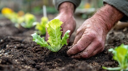 "Nurturing Growth: Farmer Planting Lettuce Seedling"