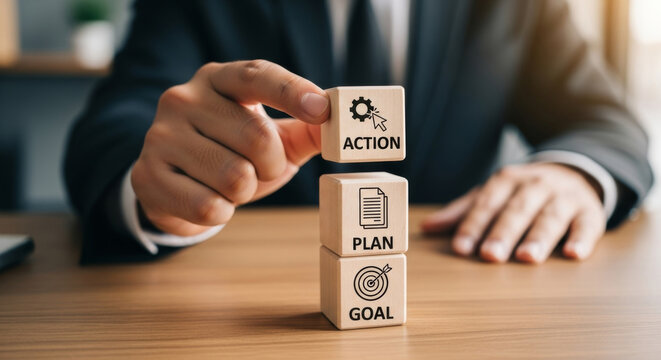Building Block of Achievement: A poised individual carefully places a block labeled Action atop Plan and Goal, symbolizing the structured process towards success.
