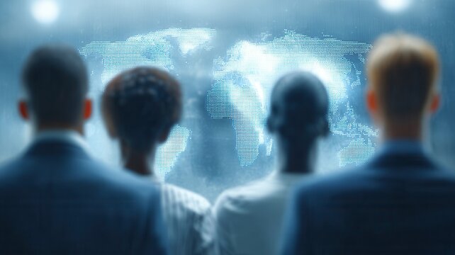 Business team looking at digital world map, illustrating global network, international data and exchange communication,