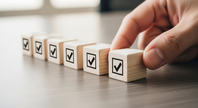 Completing the Checklist: A hand methodically places the final checkmark on a wooden block, signifying completion and organization