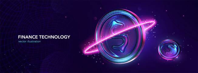 Futuristic finance technology. Fintech innovations. Cryptocurrency and Blockchainvconcept with glowing digital coins, neon lights, and virtual currency symbol