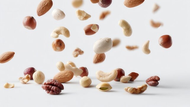 Mix of different raw nuts falling and laying a plain surface, showcasing a variety of natural and fresh healthy, ingredients