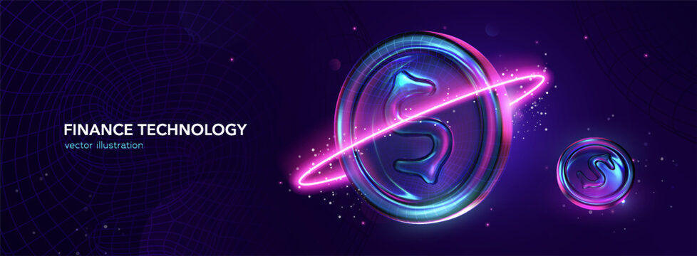 Futuristic finance technology. Fintech innovations. Cryptocurrency and Blockchainvconcept with glowing digital coins, neon lights, and virtual currency symbol