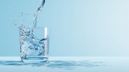 Water pouring into glass, creating splashes and dynamic liquid movement, hydration and freshness symbolizing