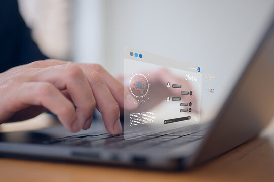 Futuristic smart technology for automation, artificial intelligence tools, data generation and digital innovation in business Businessman using AI agents and prompt command interface on laptop