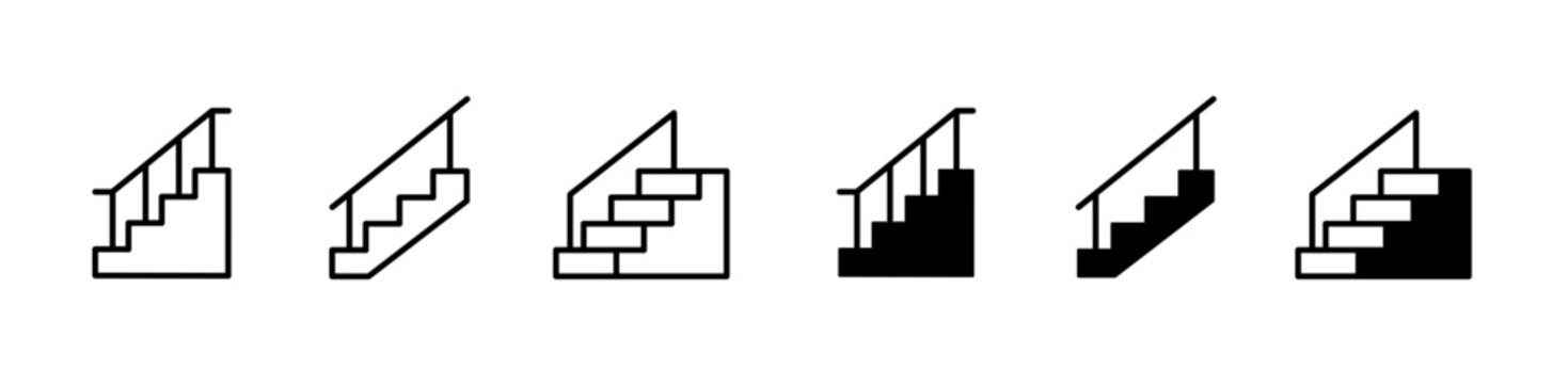 Staircase icon set.  Steps with railing symbol. Editable stroke. Vector illustration. 