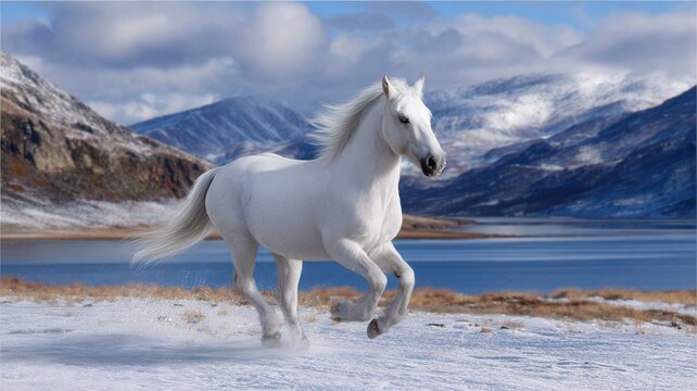 White horse traversing water a serene winter mountain setting, representing freedom, the adventure, and outdoors wild