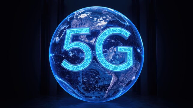 5G on a glowing planet globe on a dark background - High-speed wireless technology, digital connectivity, IoT, future communication concept. - Powered by Adobe