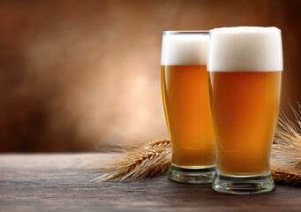 Two tall glasses of beer with frothy head and wheat on rustic wooden table, warm lighting, refreshing and inviting atmosphere