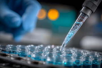 Close-up of a laboratory pipette releasing liquid into a sample vial, with a microscope lens and scientific equipment in the background, emphasizing precision and scientific research.
