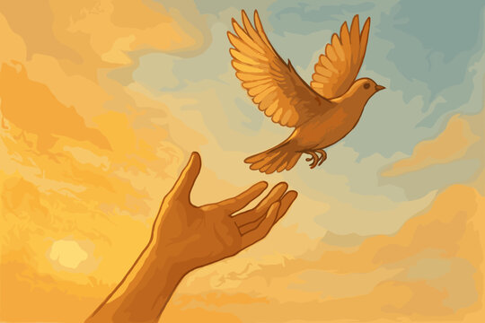 Outstretched hand releasing a bird into the sky, with warm colors of a sunset creating an uplifting scene.