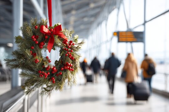 Christmas wreath adorned with red berries and ribbon, elegantly hanging over departure gates, creating a festive atmosphere in a busy airport terminal - Powered by Adobe