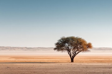 Fototapeta premium Solitary acacia tree on the vast barren plain of Namibia with distant desert dunes under a clear blue sky emphasizing isolation and survival