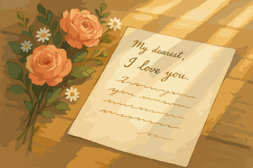 Elegant vintage love letter placed on a wooden surface accompanied by roses and small white flowers, conveying a heartfelt romantic message.
