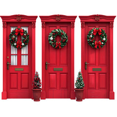 PNG Festive red doors with wreaths, element set on transparent background 