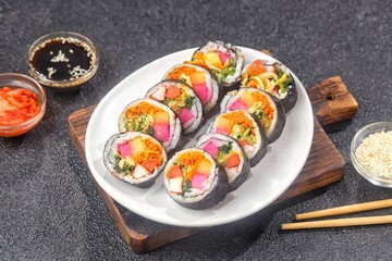 Kimbap or gimbap is a typical Korean rice roll