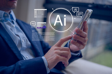 Businessman using a smartphone app to control smart home devices, AI integration in mobile business solutions. smart mobile phone with artificial intelligence, ideal for presentations on technology