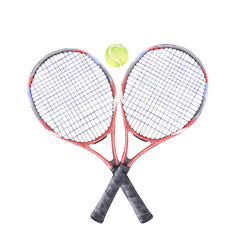 Pair of tennis rackets with ball watercolor illustration