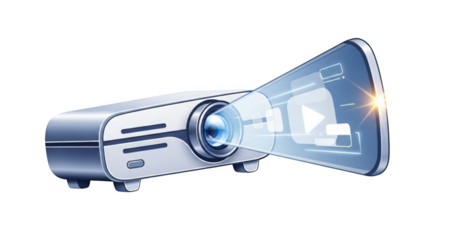 Digital projector emitting a holographic display with play button and icons technology presentation