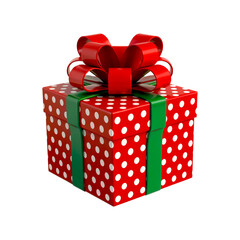 A red gift box with white polka dots green ribbon and red bow on transparent background high quality professional detailed modern