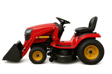 Red compact garden tractor with front loader bucket and ride-on mower deck for versatile landscaping work