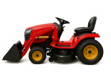Red compact garden tractor with front loader bucket and ride-on mower deck for versatile landscaping work
