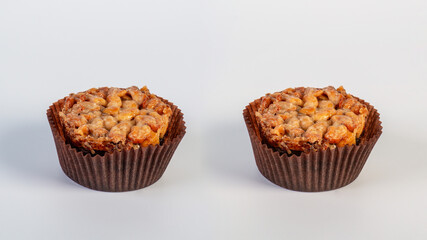 Toffee cake, a close up of homemade caramel nut chocolate cake bakery isolated on white background.