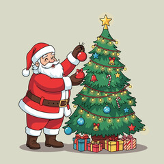 Santa Claus happily decorating a Christmas tree with ornaments and gifts underneath.