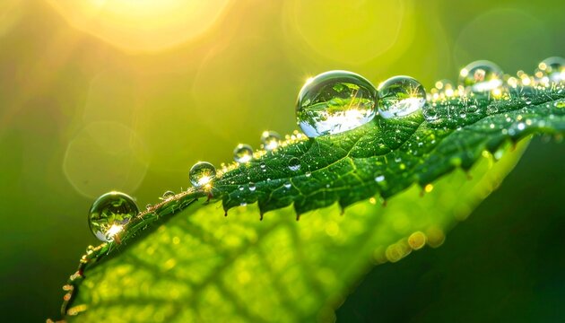 Macro Leaf Dew Drops Sunlight Bokeh Nature Close-Up