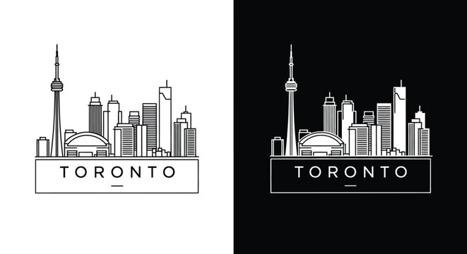 Toronto skyline illustration featuring the CN Tower, buildings, and a stadium, in black and white.