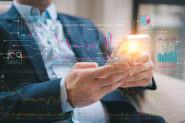 investment stock market data analysis concept, businessman using smartphone analyst virtual trading graph, trading online, financial mobile application platform