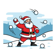 Cartoon Santa Claus in his red suit having a fun snowball fight in a snowy winter landscape.