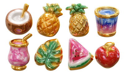 Fototapeta premium Vibrant and Colorful Ceramic Objects of Tropical Fruits and Drinks Isolated on Transparent Background