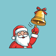 A cheerful cartoon Santa Claus in a red suit ringing a large golden Christmas bell with a red bow.