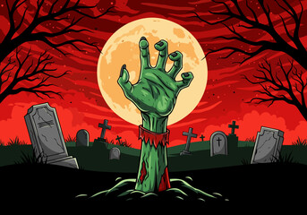 Zombie Hand Rises from Grave on Halloween Night with Spooky Landscape