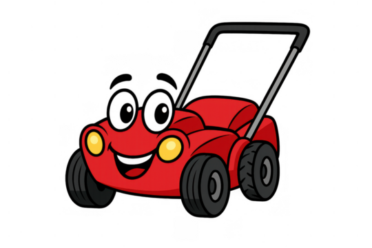 Red cartoon lawn mower character smiling, representing gardening, maintenance, and household tasks with a friendly spirit - Powered by Adobe