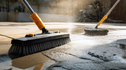 Cleaning a concrete surface with a brush and water. A close-up shot captures the process of cleaning a concrete surface using a brush and water, creating a refreshing and clean look.