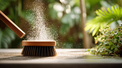 Cleaning brush removing dust on a surface. A close-up shot of a cleaning brush removing dust from a surface, with a blurred background of green plants.