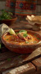 Vibrant Mexican tamale soup served in a rustic bowl with fresh garnishes on a warm wooden table
