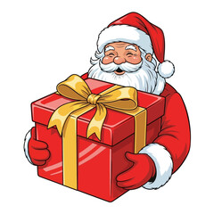 Smiling Santa Claus in red suit and hat holding a festive red gift box with a golden ribbon, ready for Christmas celebration.