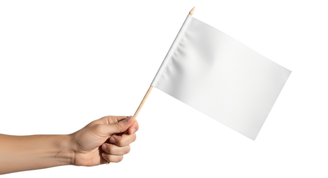 Hand holding white flag isolated on transparent background
