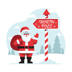 Santa Claus stands by a North Pole signpost in a snowy landscape with pine trees.